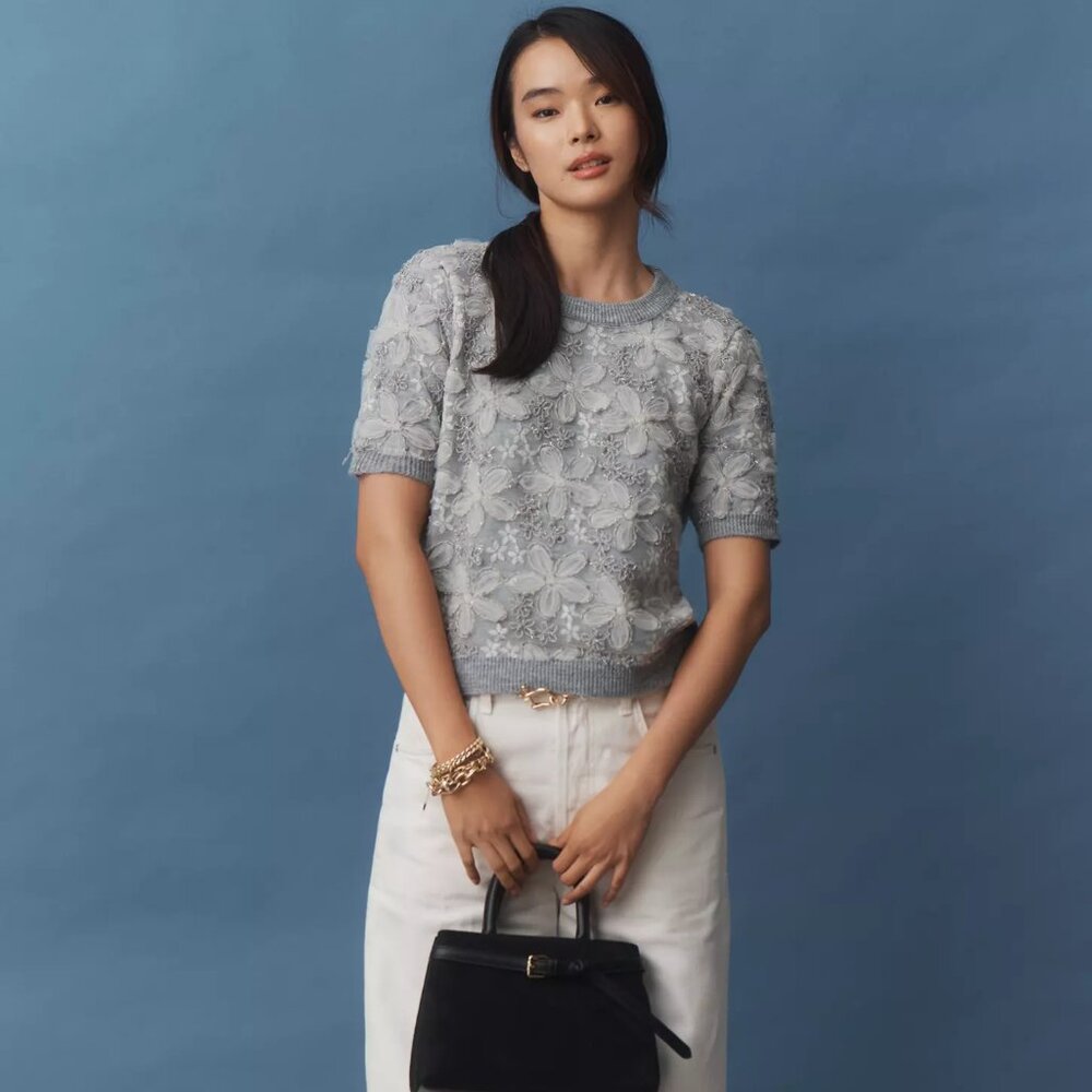 NWT Anthropologie 3D Floral Embellished Sweater Tee - Picture 2 of 5